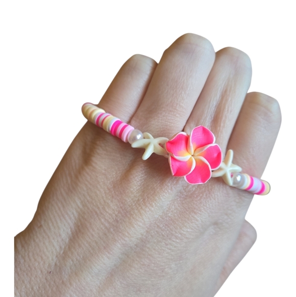 Hand Crafted Jewelry - Pink Yellow Flower Beaded Bracelet • Adjustable Handmade Jewelry. 225